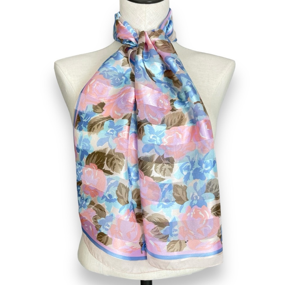 Floral Scarf Vintage Long Roses Pink Blue Sheer Sheen‎ Stripe Elegant Retro